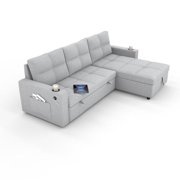 English Elm Convertible Sectional Sleeper Sofa with Hidden Storage USB Port and Cup Holders Light Gray B347S00020