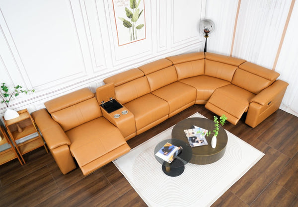 English Elm 6-piece Modular Faux Leather Sectional with Electric Recliners and Cup Holders B347S00031