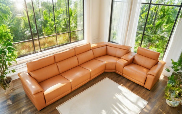 English Elm 6-piece Modular Faux Leather Sectional with Electric Recliners and Cup Holders B347S00031