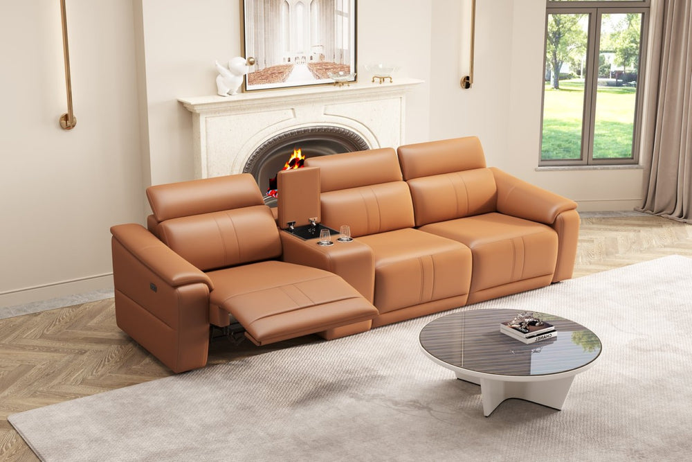 English Elm 4-piece Modular Faux Leather Reclining Sectional with Cup Holders for Living Room Brown B347S00032