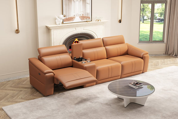 English Elm 4-piece Modular Faux Leather Reclining Sectional with Cup Holders for Living Room Brown B347S00032