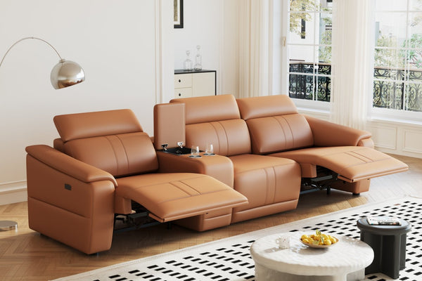 English Elm 4-piece Modular Faux Leather Reclining Sectional with Cup Holders for Living Room Brown B347S00032