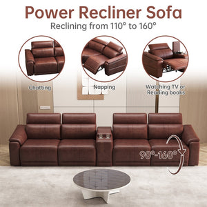 English Elm 5-piece Modular Faux Leather Sectional Sofa with Power Recliners and Built-in Storage Dark Brown B347S00038