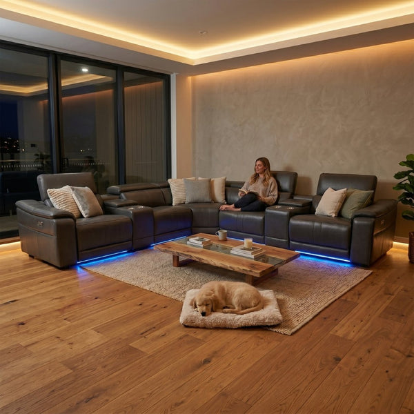 English Elm Power Reclining L-shaped Sectional with Bluetooth Speakers and Wireless Charging Tech Leather B347S00042