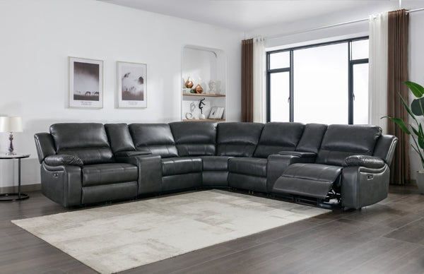 English Elm 7-Piece Power Reclining Sectional in Faux Leather with USB Ports for Living Rooms B347S00044