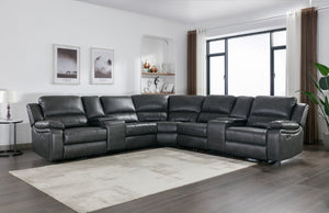 English Elm 7-Piece Power Reclining Sectional in Faux Leather with USB Ports for Living Rooms B347S00044