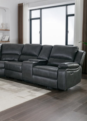 English Elm 7-Piece Power Reclining Sectional in Faux Leather with USB Ports for Living Rooms B347S00044
