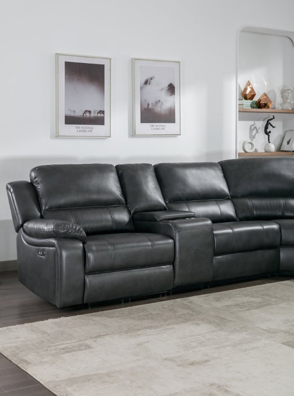 English Elm 7-Piece Power Reclining Sectional in Faux Leather with USB Ports for Living Rooms B347S00044