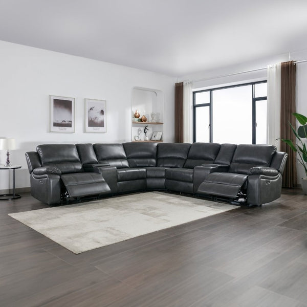 English Elm 7-Piece Power Reclining Sectional in Faux Leather with USB Ports for Living Rooms B347S00044