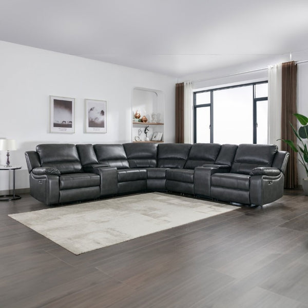 English Elm 7-Piece Power Reclining Sectional in Faux Leather with USB Ports for Living Rooms B347S00044