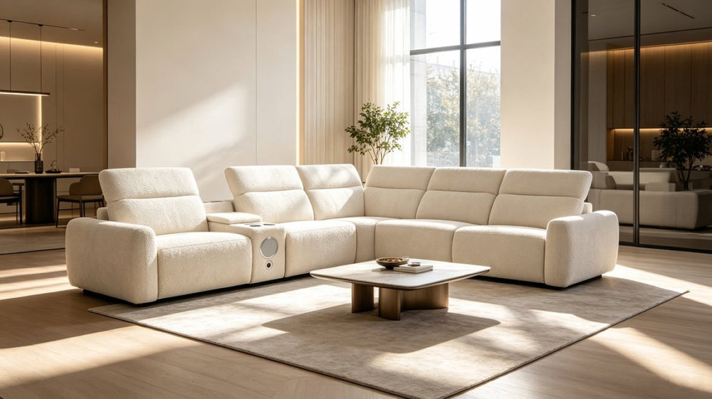 English Elm Power Reclining L Shaped Sectional with LED Lighting Bluetooth Console Tech Fabric B347S00050