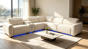 English Elm Power Reclining L Shaped Sectional with LED Lighting Bluetooth Console Tech Fabric B347S00050