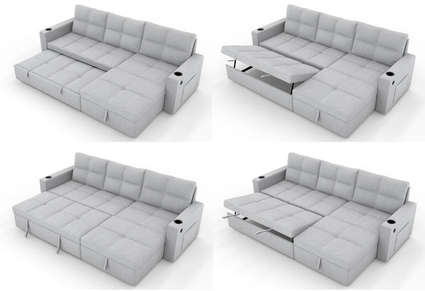 English Elm Convertible Sectional Sleeper Sofa with USB Port Hidden Storage and Cup Holders Light Gray B347S00051