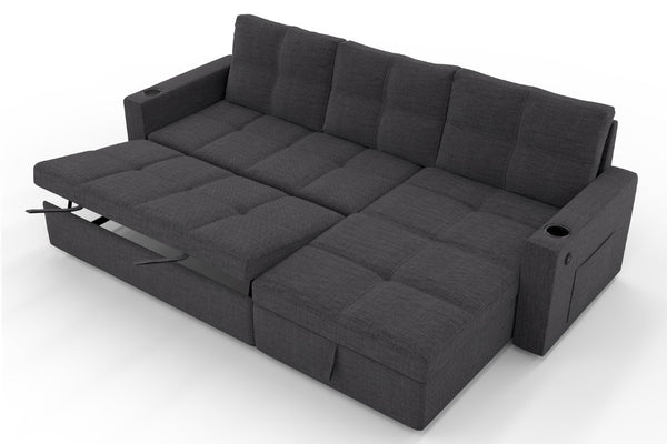 English Elm Convertible Sectional Sleeper Sofa with USB Port Hidden Storage and Cup Holders Dark Gray B347S00052