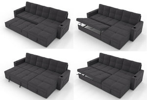 English Elm Convertible Sectional Sleeper Sofa with USB Port Hidden Storage and Cup Holders Dark Gray B347S00052