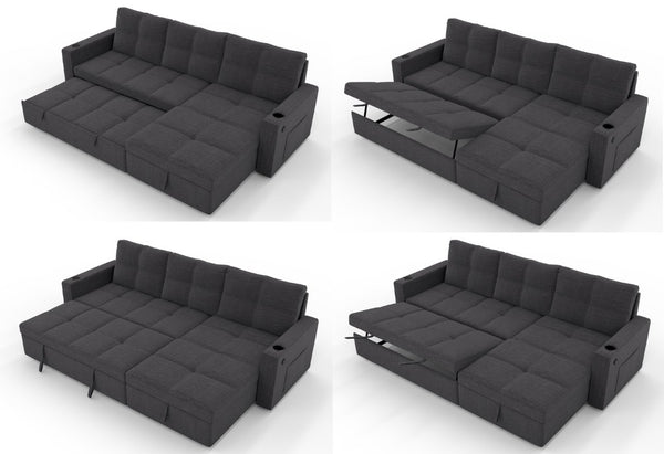 English Elm Convertible Sectional Sleeper Sofa with USB Port Hidden Storage and Cup Holders Dark Gray B347S00052