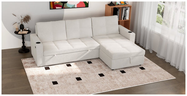 English Elm Convertible Sectional Sleeper Sofa with Storage USB Port and Cup Holders for Living Room B347S00053