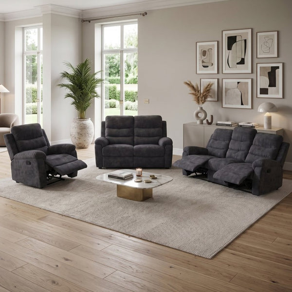 English Elm 3-Piece Manual Reclining Sofa Set with Channel Back Cushions for Modern Living Rooms B347S00054