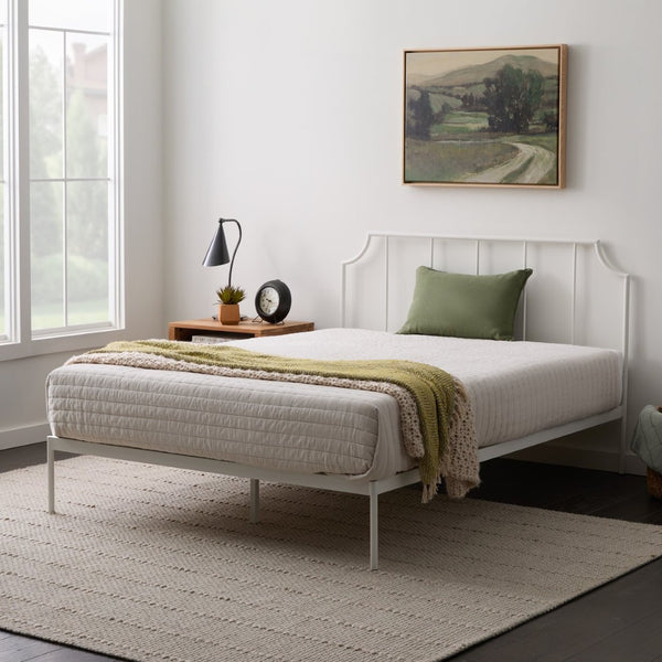 English Elm Edenbrook, King Metal Platform Bed Vertical Bar Headboard Matte White Architectural Frame B350P394805