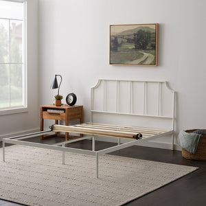 English Elm Edenbrook, King Metal Platform Bed Vertical Bar Headboard Matte White Architectural Frame B350P394805