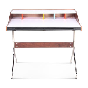 English Elm Swag Leg Mid-Century Desk with Chrome Swept Base Walnut Veneer and Matte White Surface B353P348933