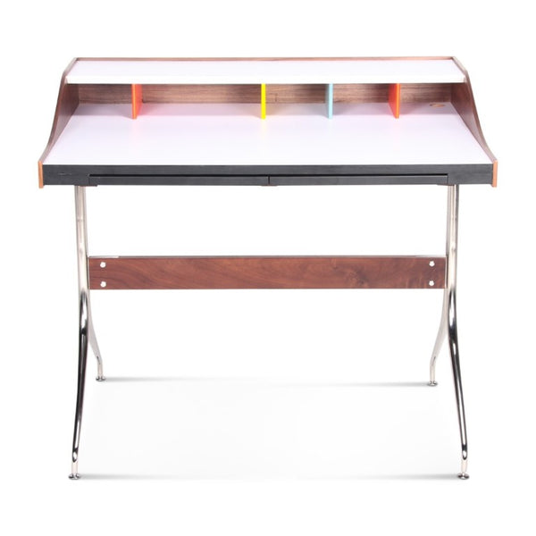 English Elm Swag Leg Mid-Century Desk with Chrome Swept Base Walnut Veneer and Matte White Surface B353P348933