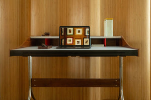 English Elm Swag Leg Mid-Century Desk with Chrome Swept Base Walnut Veneer and Matte White Surface B353P348933