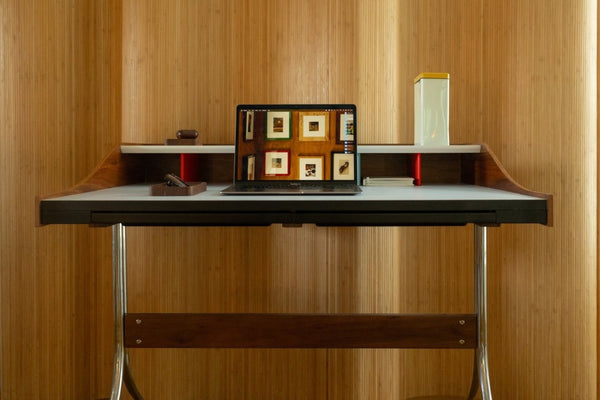 English Elm Swag Leg Mid-Century Desk with Chrome Swept Base Walnut Veneer and Matte White Surface B353P348933