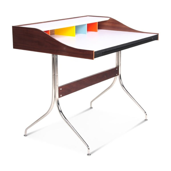 English Elm Swag Leg Mid-Century Desk with Chrome Swept Base Walnut Veneer and Matte White Surface B353P348933