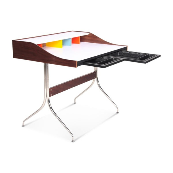 English Elm Swag Leg Mid-Century Desk with Chrome Swept Base Walnut Veneer and Matte White Surface B353P348933