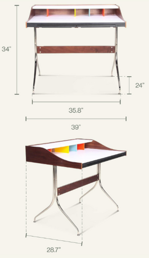 English Elm Swag Leg Mid-Century Desk with Chrome Swept Base Walnut Veneer and Matte White Surface B353P348933