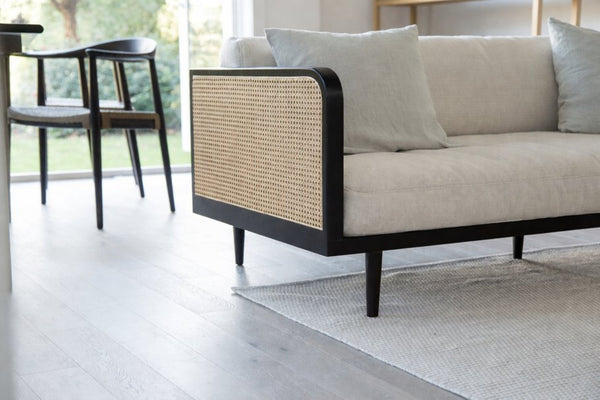 English Elm Rattan Sofa with Handwoven Panels Solid Ash Frame Linen Cushions Bohemian Living Room B353P452545