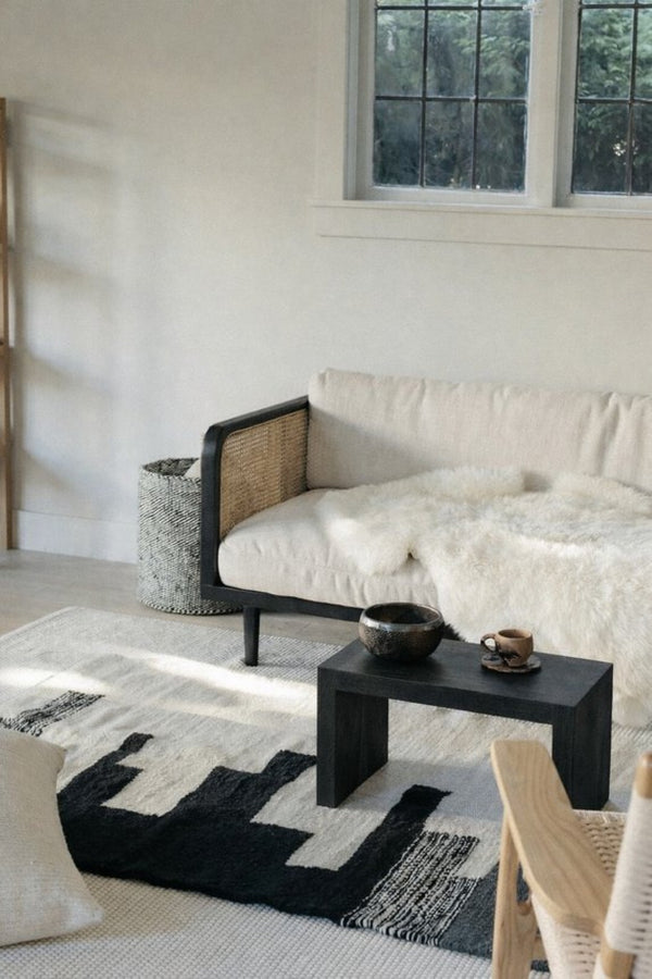 English Elm Rattan Sofa with Handwoven Panels Solid Ash Frame Linen Cushions Bohemian Living Room B353P452545