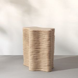 English Elm Textured Fiber Concrete Wavy Side Table Hand Painted Sculptural Accent for Any Room B353P589415