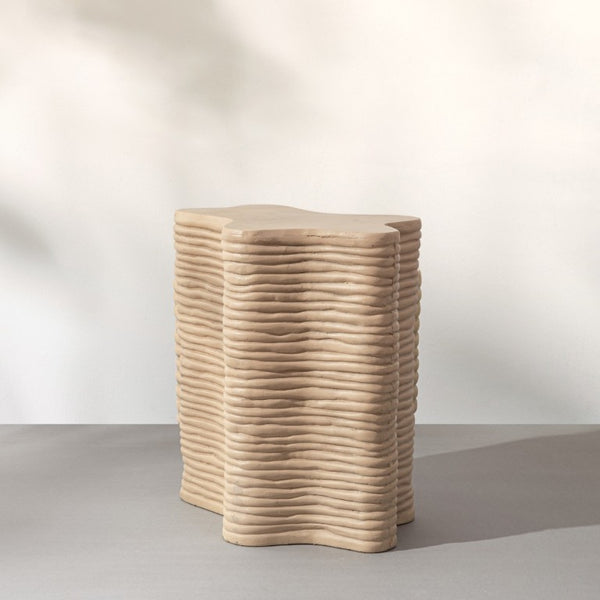 English Elm Textured Fiber Concrete Wavy Side Table Hand Painted Sculptural Accent for Any Room B353P589415