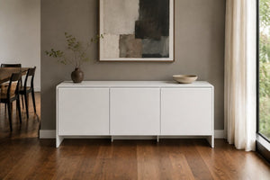 English Elm Magnolia Sculptural Three Door Matte White Sideboard with Soft Close Italian Curved Design B353P590602