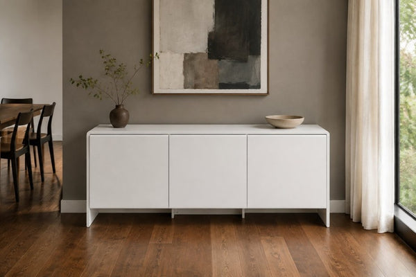 English Elm Magnolia Sculptural Three Door Matte White Sideboard with Soft Close Italian Curved Design B353P590602