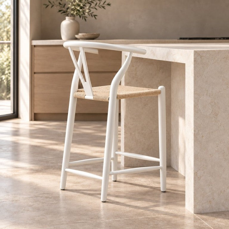 English Elm Wishbone Counter Stool Solid Ash Wood with Woven Cord Seat for Kitchen Islands B353P602673