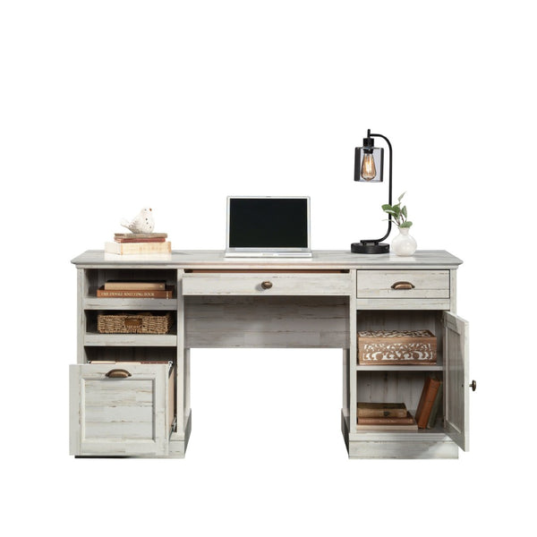 English Elm Executive Rustic Home Office Desk with File Drawer and Spacious White Work Surface B356P494487