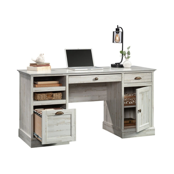 English Elm Executive Rustic Home Office Desk with File Drawer and Spacious White Work Surface B356P494487