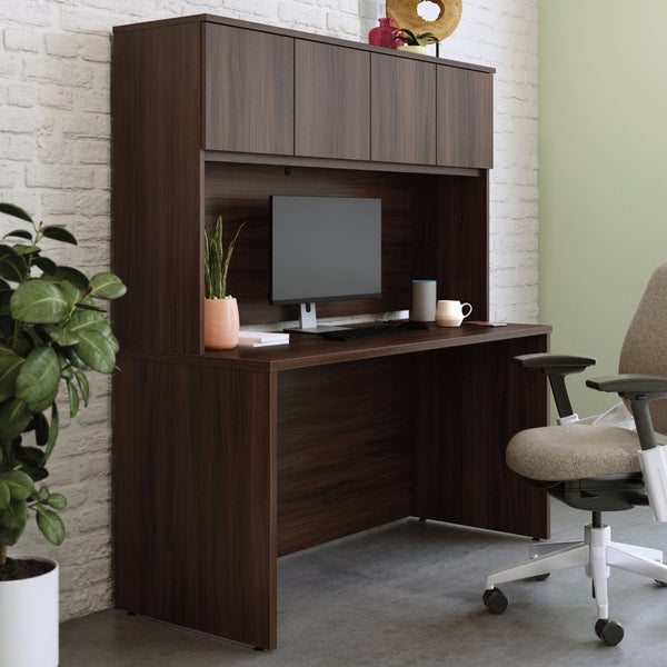 English Elm 60 Inch Home Office Desk with Hutch Warm Brown Melamine Surface and Concealed Storage Brown - A B356P494498