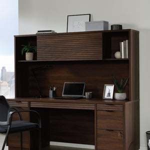 English Elm Hutch, Warm Brown Finish Open Cubby Flip Door Storage for Home Office Desk Setup B356P494501