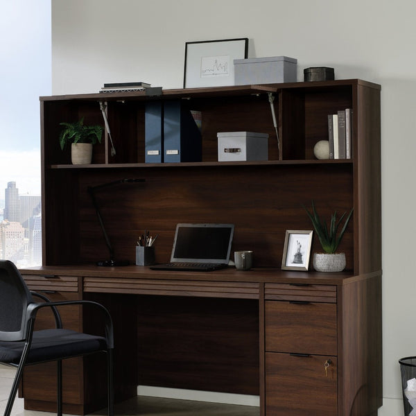 English Elm Hutch, Warm Brown Finish Open Cubby Flip Door Storage for Home Office Desk Setup B356P494501
