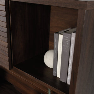 English Elm Hutch, Warm Brown Finish Open Cubby Flip Door Storage for Home Office Desk Setup B356P494501