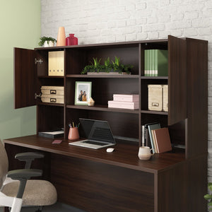 English Elm Hutch, Slim Brown Finished Office Storage Unit with Adjustable Shelves Behind Closed Doors B356P494502
