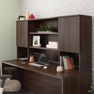 English Elm Hutch, Slim Brown Finished Office Storage Unit with Adjustable Shelves Behind Closed Doors B356P494502