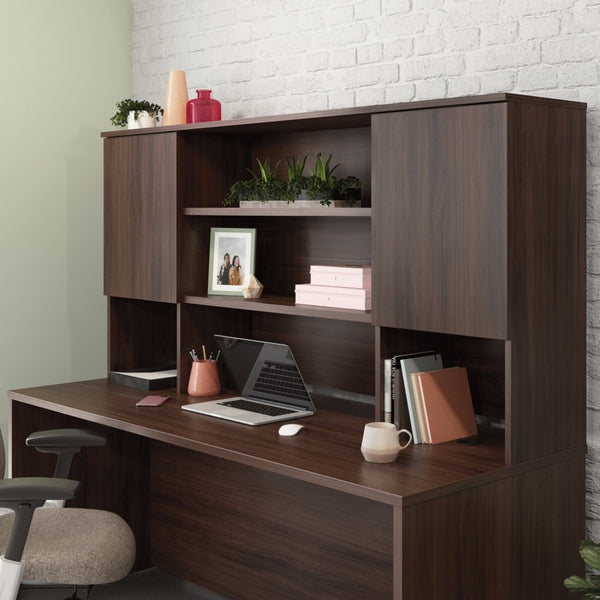 English Elm Hutch, Slim Brown Finished Office Storage Unit with Adjustable Shelves Behind Closed Doors B356P494502