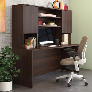 English Elm Hutch, Slim Brown Finished Office Storage Unit with Adjustable Shelves Behind Closed Doors B356P494502