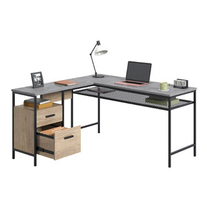 English Elm L-shaped Corner Desk with Oak Finish File Drawer and Storage for Home Office B356P494508
