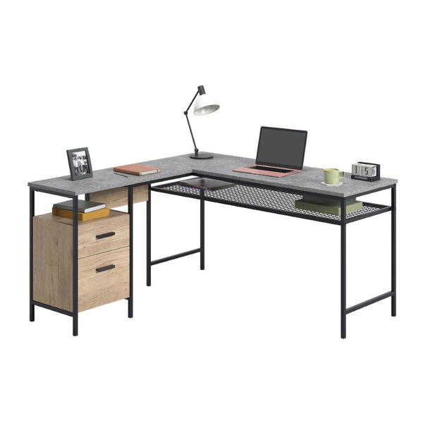 English Elm L-shaped Corner Desk with Oak Finish File Drawer and Storage for Home Office B356P494508
